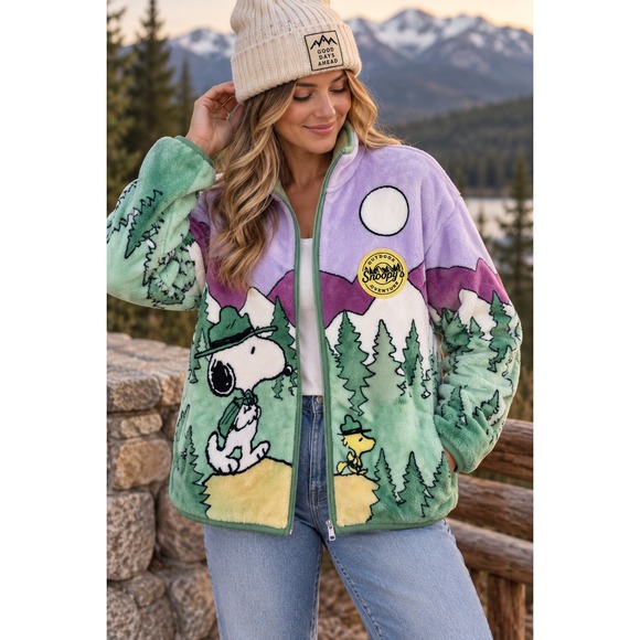 Peanuts Jackets & Blazers - Peanuts Snoopy Outdoor Adventure Fleece Jacket Purple Green PQR020AWNSC Womens M